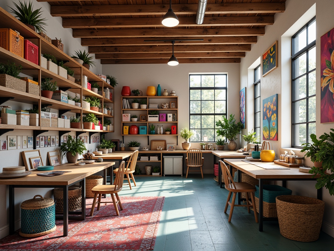 Prompt: Vibrant craft room, bold artistic colors, eclectic decor, inspiring workspace, creative freedom, wooden tables, metal shelves, colorful storage bins, woven baskets, natural light, soft warm glow, pastel hues, rich textures, abstract patterns, whimsical accents, playful murals, stimulating atmosphere, 3/4 composition, realistic rendering, ambient lighting.