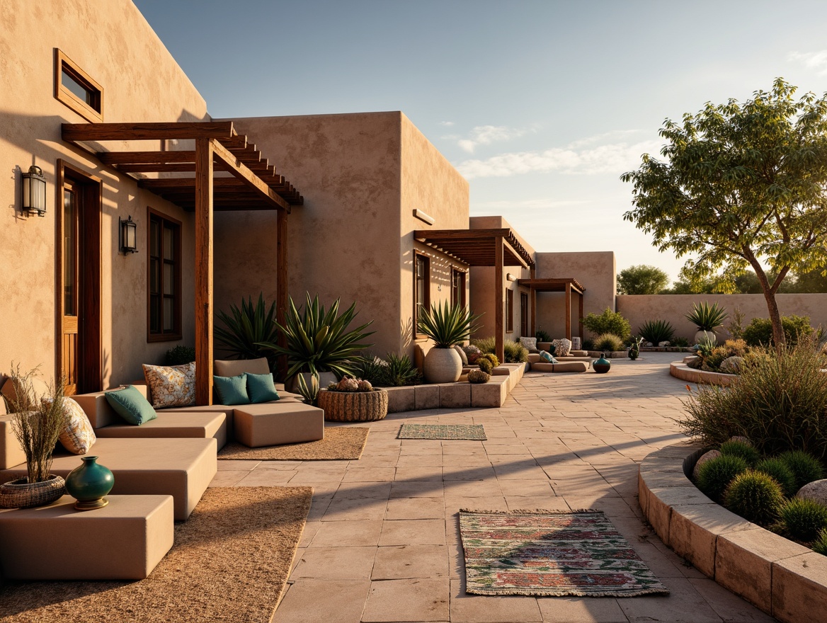 Prompt: Earth-toned adobe buildings, rustic wooden accents, turquoise decorative elements, woven textile patterns, natural fiber rugs, sandy beige floors, stucco walls, wrought iron fixtures, colorful Talavera pottery, vibrant Mexican tiles, desert botanicals, prickly cacti, warm sunset lighting, soft ambient shadows, shallow depth of field, 3/4 composition, panoramic view, realistic textures, ambient occlusion.