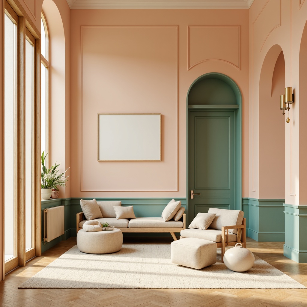 Prompt: Soft peach walls, warm beige floors, calming turquoise accents, natural wood furniture, creamy white trim, gentle golden lighting, subtle texture variations, minimalist decor, elegant simplicity, 1/2 composition, soft focus, atmospheric perspective, realistic rendering, ambient Occlusion.