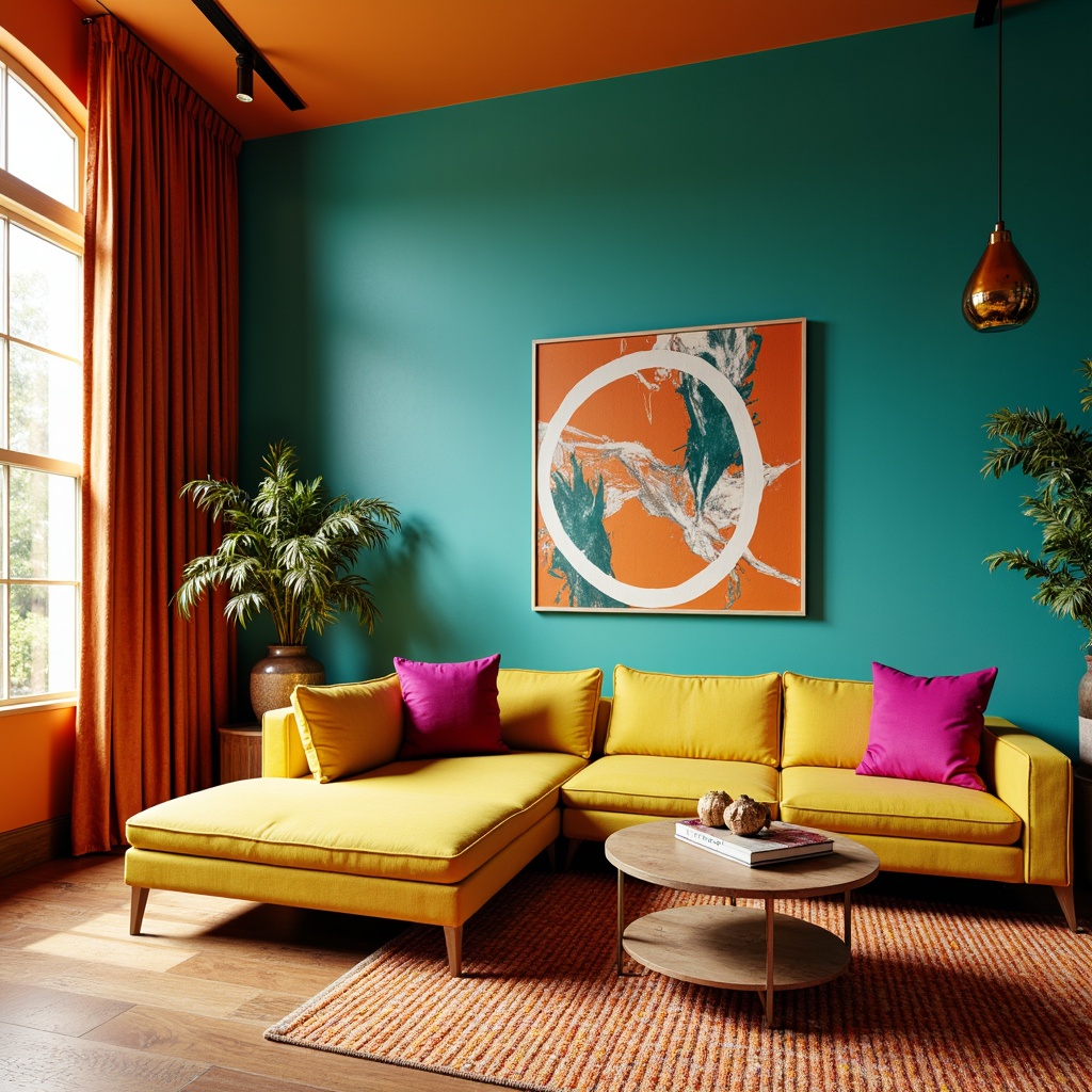 Prompt: Vibrant living room, bold color palette, turquoise accent walls, yellow statement furniture, fuchsia throw pillows, orange geometric patterns, natural wood flooring, sleek metal decorations, industrial chic lighting fixtures, modern abstract artwork, eclectic bohemian textiles, layered window treatments, dramatic floor-to-ceiling curtains, warm golden lighting, shallow depth of field, 1/1 composition, realistic textures, ambient occlusion.