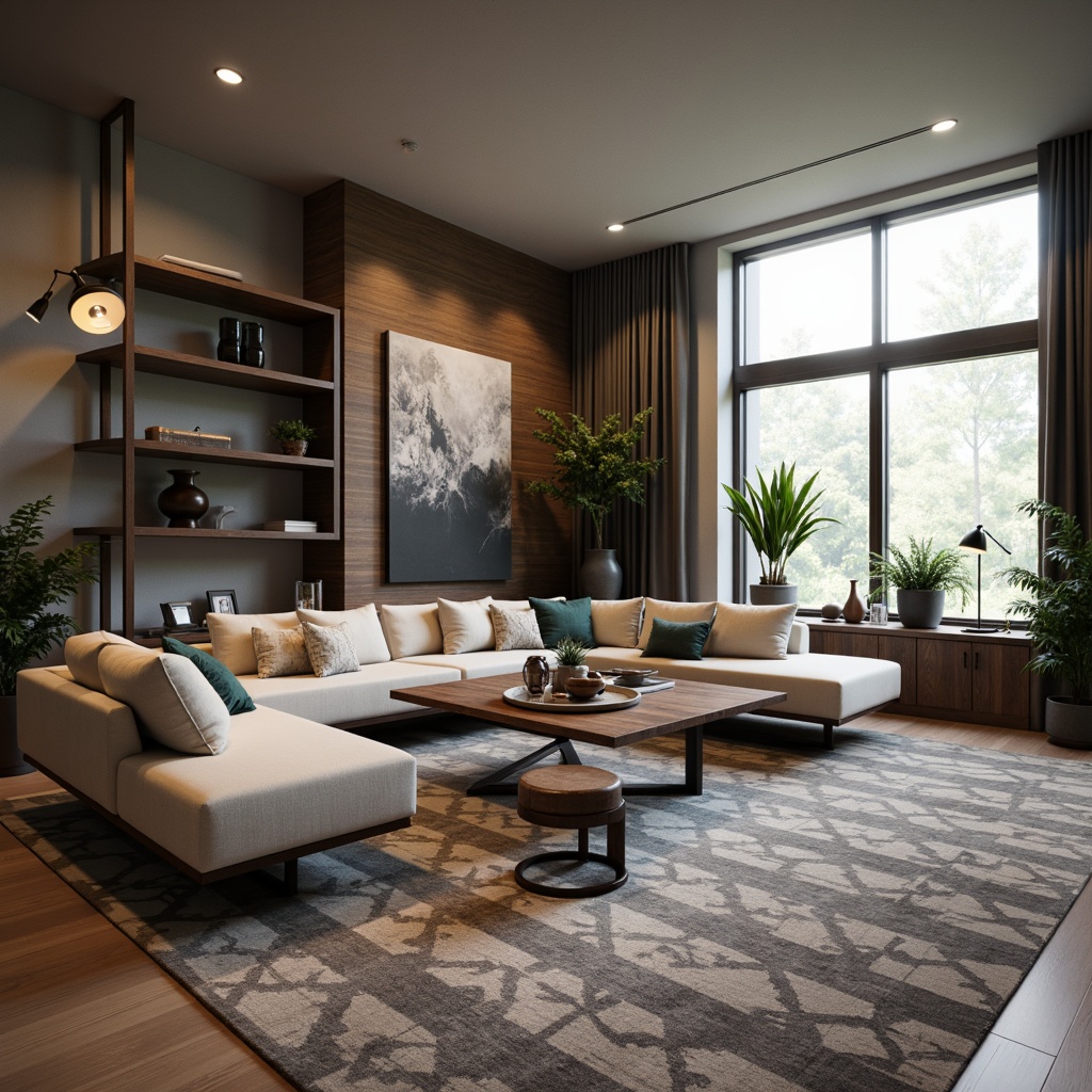 Prompt: Modern living room, sleek sofas, minimalist coffee tables, geometric-patterned rugs, industrial-chic metal lamps, functional shelving units, wall-mounted TVs, contemporary art pieces, neutral color palette, soft warm lighting, shallow depth of field, 3/4 composition, realistic textures, ambient occlusion.