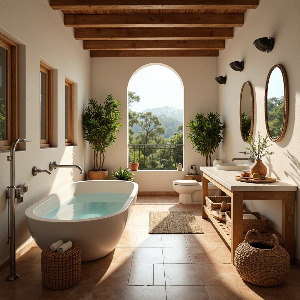 Prompt: Warm Mediterranean bathroom, soft blue waters, creamy white marble, terracotta flooring, distressed wood accents, woven rattan furniture, natural linen textiles, earthy terracotta pots, lush greenery, warm golden lighting, shallow depth of field, 3/4 composition, panoramic view, realistic textures, ambient occlusion.