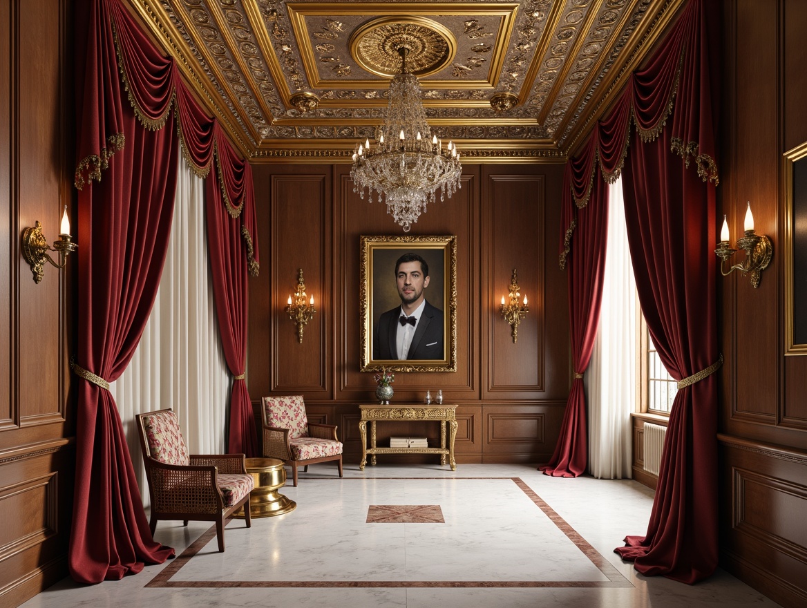 Prompt: Intricate plaster moldings, ornate wooden paneling, rich velvet drapes, luxurious silk fabrics, gilded picture frames, polished marble floors, ornamental metalwork, grand crystal chandeliers, elegant wall sconces, soft warm lighting, shallow depth of field, 1/1 composition, realistic textures, ambient occlusion.