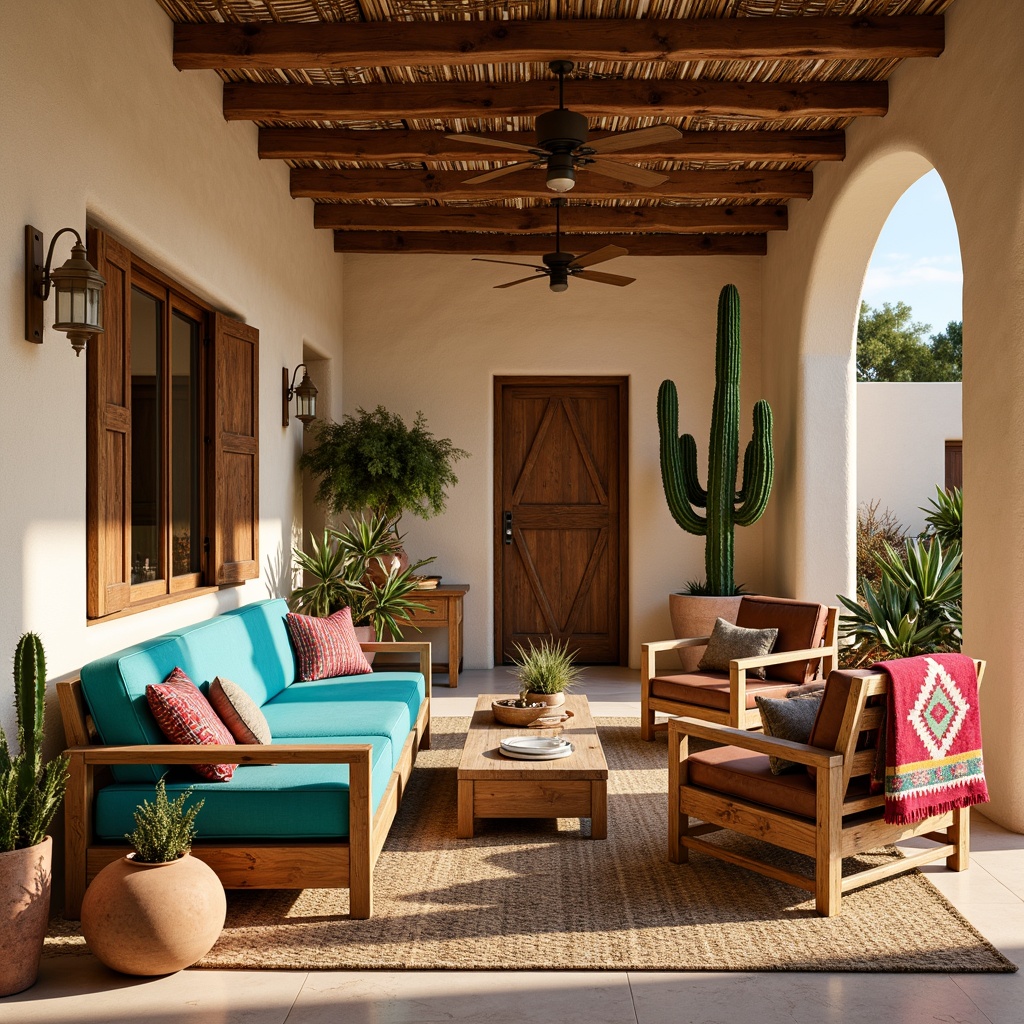 Prompt: Vibrant turquoise accents, rustic wooden furniture, woven wicker pieces, plush desert-inspired upholstery, natural fiber rugs, earthy terracotta pots, vintage Native American patterns, bold geometric shapes, distressed leather armchairs, colorful serape blankets, wooden shutters, adobe-style architecture, warm sandy beige walls, dramatic cacti arrangements, rustic metal decor, sun-kissed outdoor spaces, warm golden lighting, shallow depth of field, 2/3 composition, cinematic view.