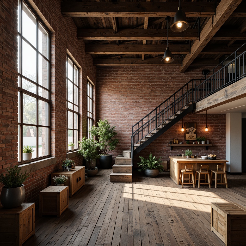 Prompt: Exposed brick walls, industrial metal beams, wooden crates, vintage manufacturing equipment, distressed wood flooring, classic factory windows, metal staircase, ornate iron railings, antique lighting fixtures, pendant lamps, metal shades, Edison bulbs, warm golden lighting, high ceilings, open spaces, minimalist decor, industrial-chic aesthetic, urban loft atmosphere, natural textures, realistic materials, softbox lighting, 1/1 composition, shallow depth of field.