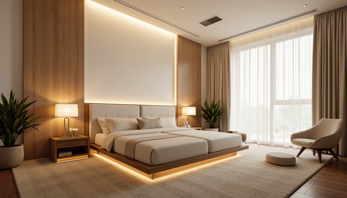 Prompt: Modern bedroom, minimalist decor, soft warm lighting, table lamps, floor lamps, ceiling light fixtures, LED strip lights, ambient glow, cozy atmosphere, plush carpets, comfortable bedding, wooden furniture, sleek metal frames, glass accents, creamy white walls, calming color palette, relaxing ambiance, shallow depth of field, 1/1 composition, natural light pouring in, warm beige tones, subtle shadows, soft focus.