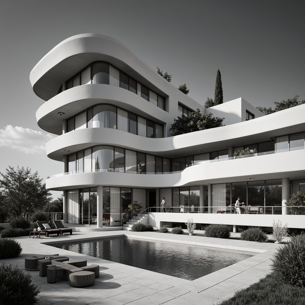 Prompt: Curved lines, minimal ornamentation, flat roofs, large windows, horizontal emphasis, monochromatic color scheme, smooth stucco exterior, rounded corners, stepped silhouette, cantilevered upper floors, open floor plans, sliding glass doors, built-in cabinetry, chrome hardware, polished metal accents, geometric patterns, indirect lighting, atmospheric ambiance, high ceiling, vertical fins, nautical influences, futuristic feel, urban context, morning light, soft focus, shallow depth of field, 2/3 composition.