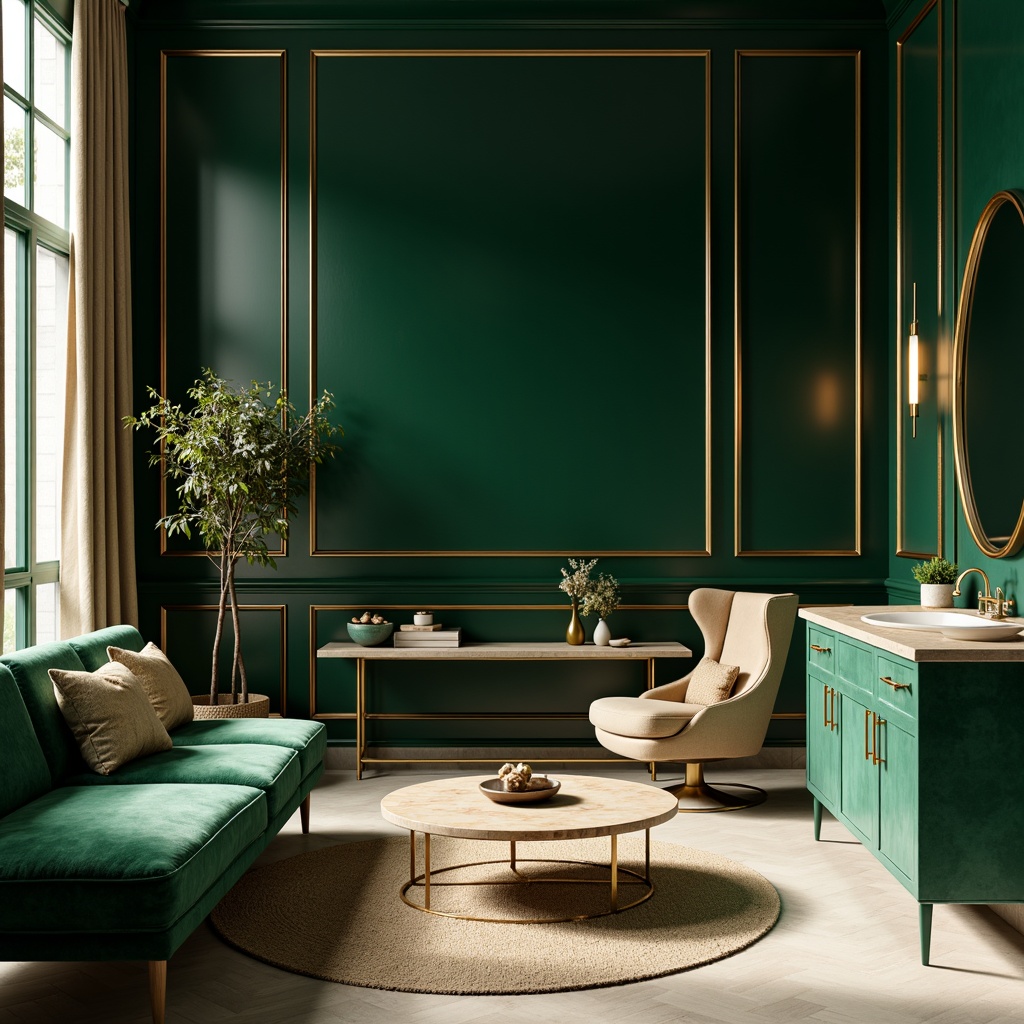 Prompt: Rich velvet furnishings, luxurious emerald green walls, metallic gold accents, creamy beige marble countertops, soft warm lighting, calming atmosphere, modern minimalist decor, sleek low-profile furniture, subtle texture contrasts, natural material blends, earthy tone inspiration, serene ambiance, 1/1 composition, shallow depth of field, realistic renderings.