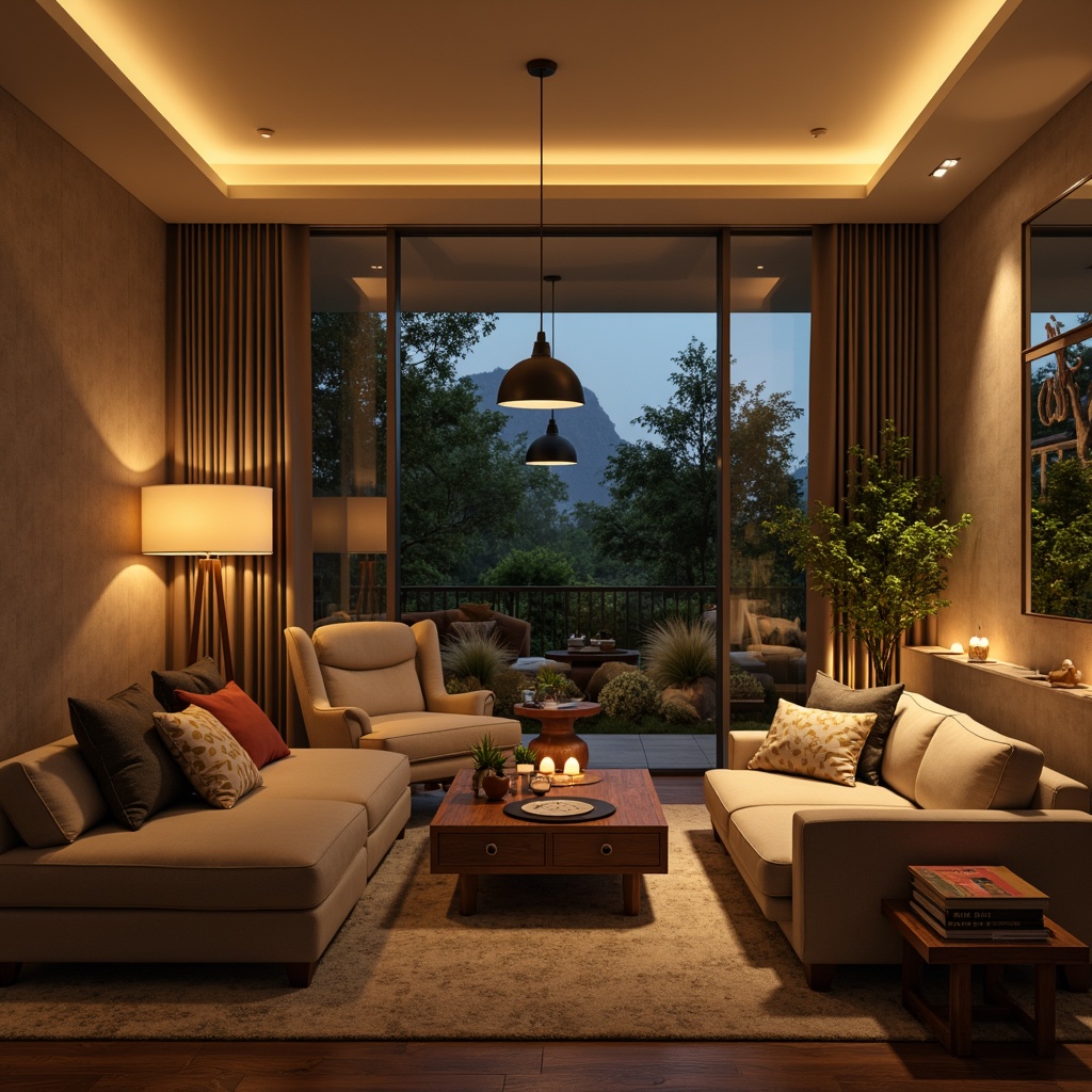 Prompt: Modern living room, cozy atmosphere, warm ambient lighting, table lamps, floor lamps, pendant lights, LED strip lights, soft glow, warm beige walls, comfortable sofas, wooden coffee tables, greenery, large windows, natural daylight, subtle shadows, 1/1 composition, realistic textures, ambient occlusion.