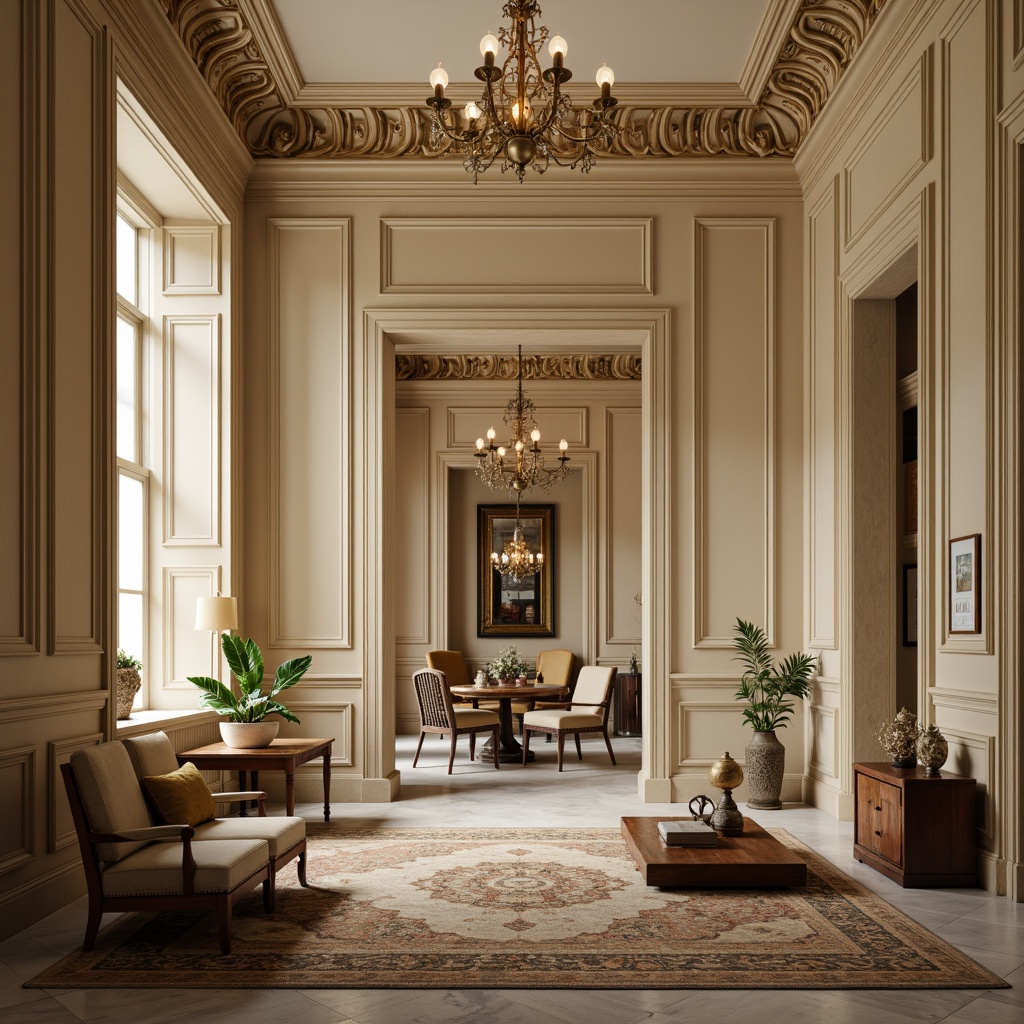 Prompt: Elegant classic interior, ornate moldings, rich wood tones, soft cream walls, warm beige furniture, luxurious velvet fabrics, subtle gold accents, refined marble surfaces, ornamental patterned rugs, stately chandeliers, symmetrical composition, dramatic chiaroscuro lighting, shallow depth of field, 2/3 composition, realistic textures, ambient occlusion.