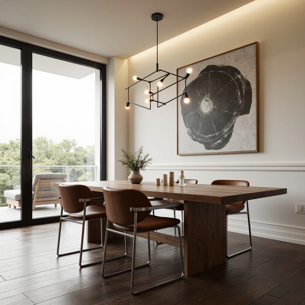 Prompt: Modern dining room, minimalist decor, sleek wooden table, leather chairs, metallic legs, chrome accents, glass top, pendant lighting, geometric patterns, monochromatic color scheme, cream walls, dark hardwood floors, abstract artwork, floor-to-ceiling windows, natural light, soft warm glow, 1/1 composition, realistic textures, ambient occlusion.