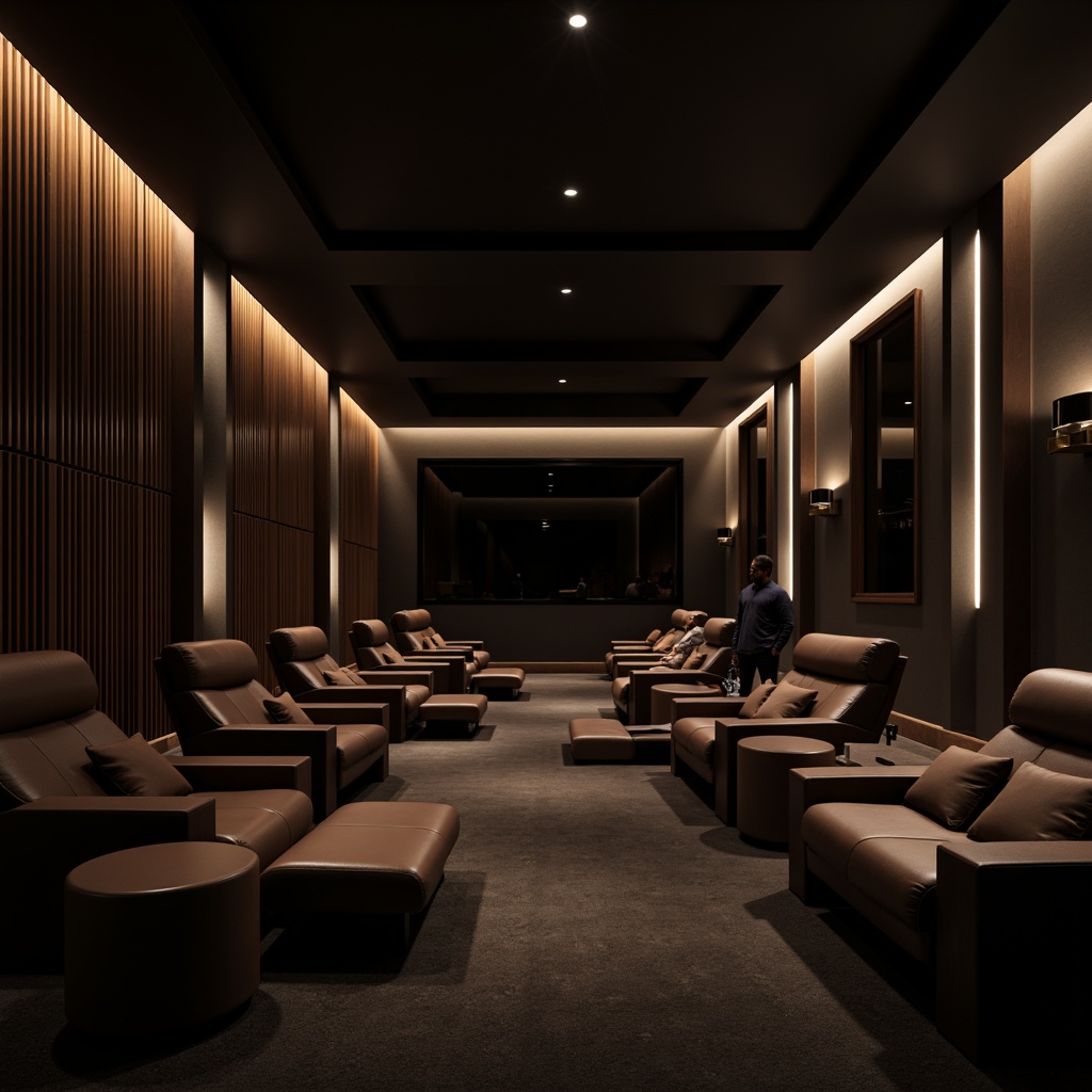 Prompt: Luxurious cinema, modern style seating arrangement, sleek curved lines, comfortable reclining chairs, premium leather upholstery, metallic accents, dimmable floor lamps, dark wood paneling, minimalist decor, subtle ambient lighting, soft cushions, adjustable armrests, spacious legroom, ergonomic design, state-of-the-art sound system, large cinematic screen, cinematic atmosphere, sophisticated color scheme, rich textures, shallow depth of field, 1/1 composition, realistic render.