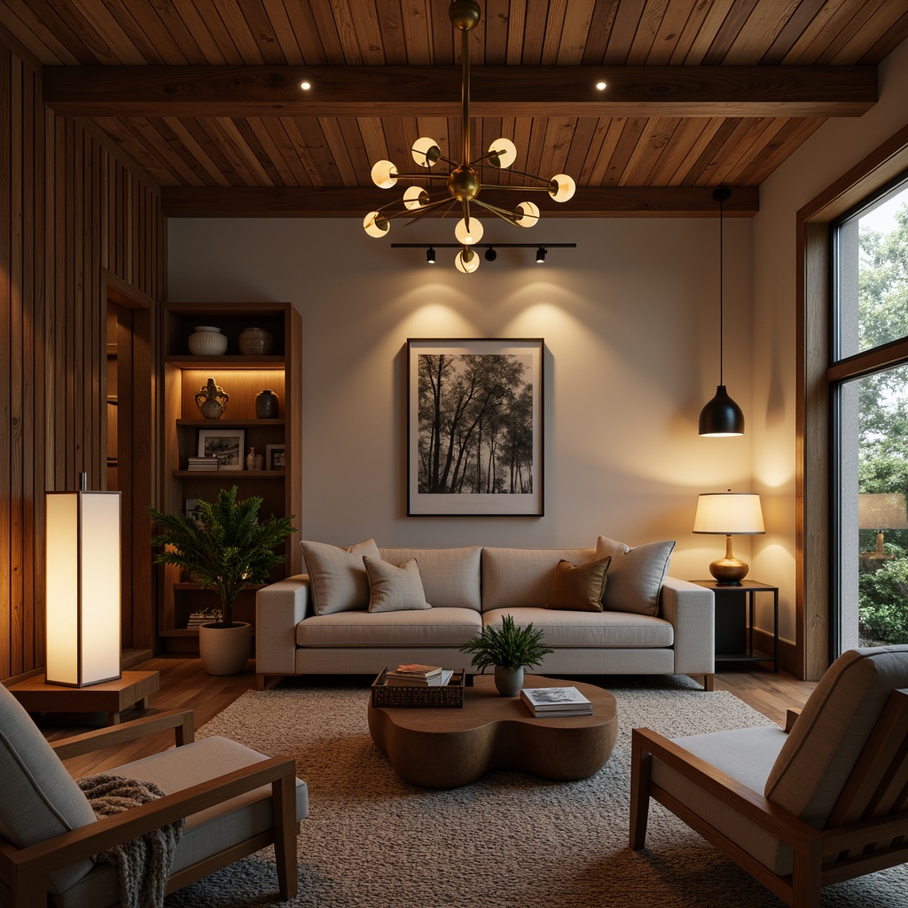 Prompt: Mid-century modern living room, warm ambient lighting, brass sputnik chandelier, wooden globe pendant lights, minimalist table lamps, rounded geometric shapes, natural materials, walnut wood accents, earthy color palette, organic textures, vintage-inspired fixtures, industrial-chic metal shades, soft diffused light, 1/1 composition, shallow depth of field, realistic render.