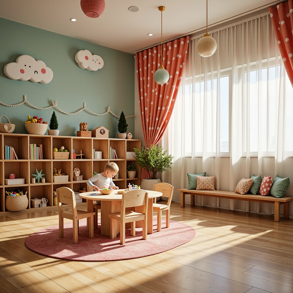 Prompt: Colorful kindergarten interior, soft toy-filled shelves, vibrant fabric walls, playful woven baskets, educational alphabet rugs, sturdy wooden tables, tiny chair legs, cheerful round lamps, cozy reading nooks, whimsical cloud-shaped decorations, gentle natural light, warm beige flooring, rounded corner shelves, child-friendly storage bins, lively polka-dot curtains, joyful pom-pom garlands, soft pastel-colored pillows, engaging sensory play areas, 1/2 composition, shallow depth of field, realistic textures.