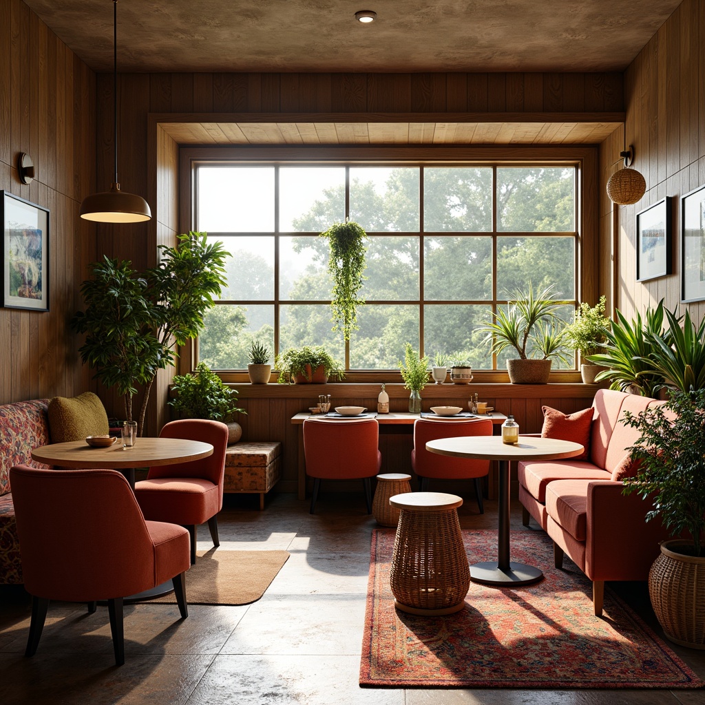 Prompt: Cozy postmodern breakfast nook, eclectic mix of vintage and modern furniture, curved lines, bold color schemes, playful patterns, plush velvet armchairs, rustic wooden tables, metal-legged stools, woven wicker baskets, potted plants, warm pendant lighting, soft morning sunlight, 1/1 composition, intimate atmosphere, rich textures, subtle shadows.