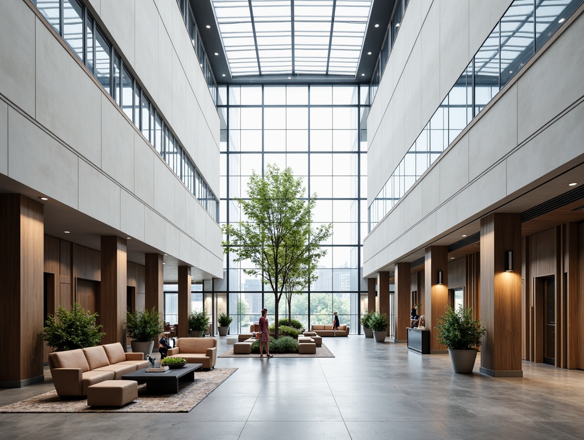 Prompt: Minimalist atrium, abundant natural light, sleek glass roof, modern furniture arrangement, polished concrete floors, industrial chic decor, urban loft ambiance, sparse greenery, reclaimed wood accents, metallic lighting fixtures, airy atmosphere, shallow depth of field, 3/4 composition, panoramic view, realistic textures, ambient occlusion.