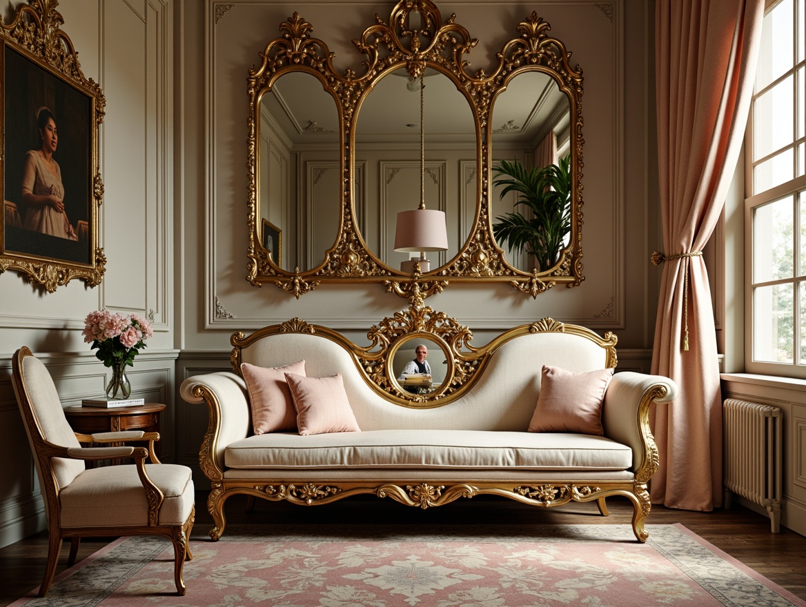 Prompt: Ornate furniture, intricately carved wooden frames, gilded accents, velvet upholstery, soft pastel hues, curved lines, ornamental mirrors, luxurious fabrics, golden leaf patterns, cabriole legs, shell-shaped motifs, French Baroque inspiration, lavish decorations, dramatic lighting effects, richly textured surfaces, highly polished finishes, opulent atmosphere, 1/1 composition, shallow depth of field, warm softbox lighting.