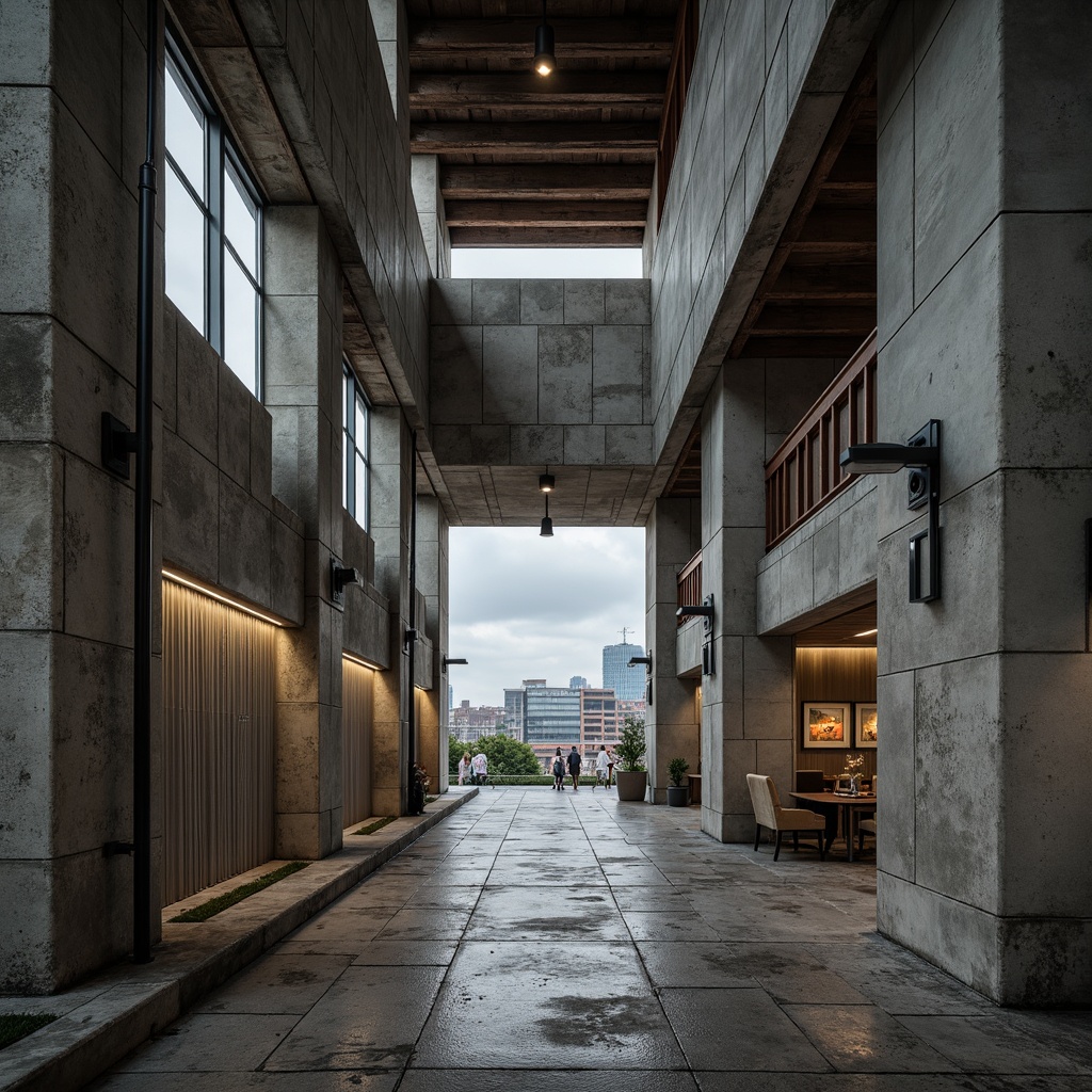 Prompt: Rough-hewn concrete walls, weathered steel beams, raw wooden accents, industrial metal pipes, distressed stone floors, brutalist architecture, urban cityscape, overcast skies, dramatic shadows, high-contrast lighting, abstract textures, rugged geometric forms, minimalist decor, functional simplicity, utilitarian aesthetic, monochromatic color scheme, cold atmospheric mood, cinematic composition, 1/1 aspect ratio, low-key illumination.