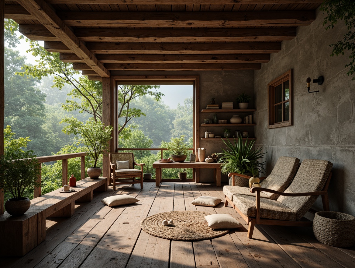 Prompt: Rustic cabin, wooden beams, natural stone walls, earthy tones, organic textures, reclaimed wood floors, vintage furniture, woven textiles, botanical elements, lush greenery, forest surroundings, misty morning, soft diffused light, shallow depth of field, 1/1 composition, realistic rendering, ambient occlusion.