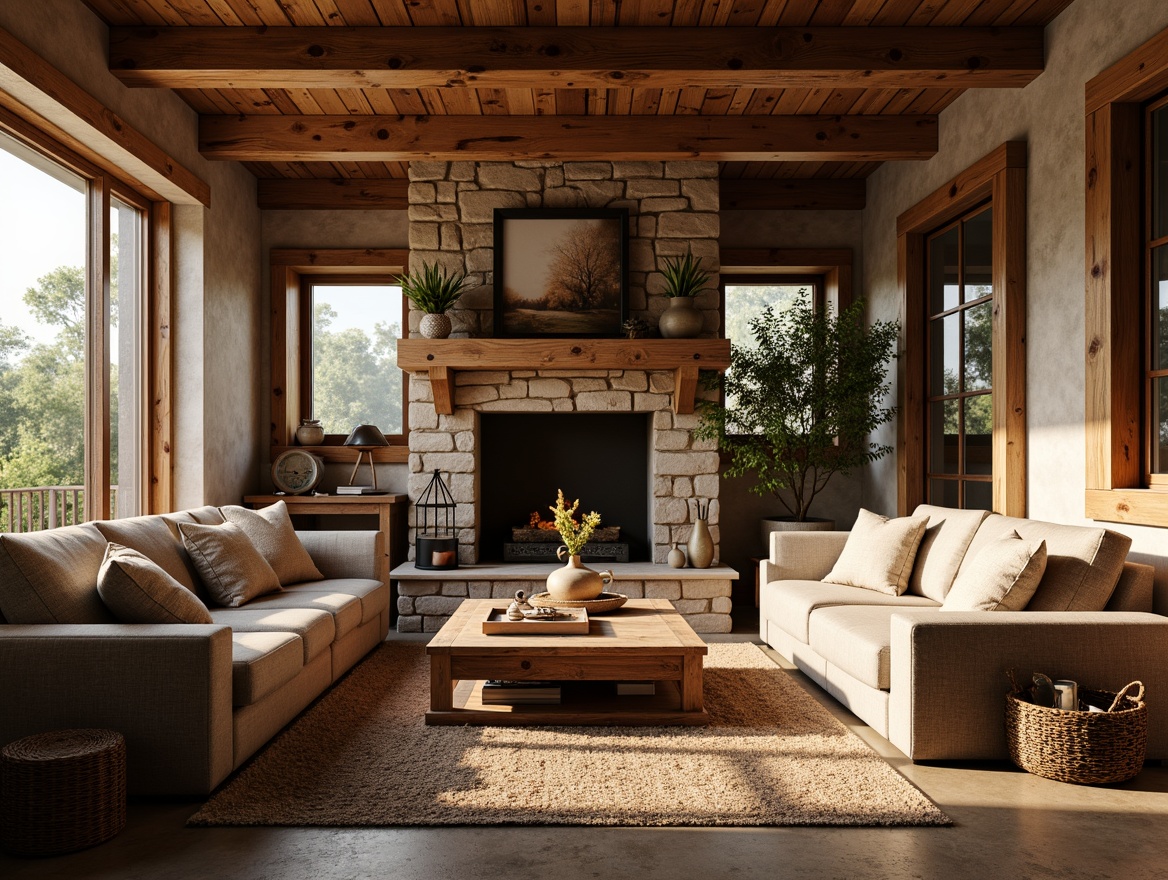 Prompt: Cozy living room, rustic wooden accents, warm earthy tones, plush area rugs, comfortable sofas, natural stone walls, textured brick fireplace, soft golden lighting, shallow depth of field, 1/1 composition, realistic materials, ambient occlusion, inviting atmosphere, decorative vases, potted greenery, woven baskets, distressed wood coffee tables.