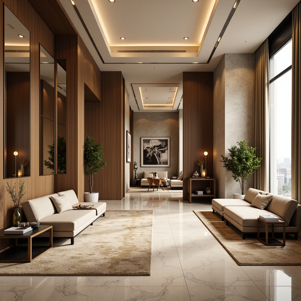 Prompt: Luxurious interior, accent walls, elegant treatments, sophisticated textures, rich wood paneling, metallic accents, soft LED lighting, cream-colored marble, polished chrome fixtures, plush area rugs, velvet drapes, ornate mirrors, statement artwork, floor-to-ceiling windows, natural stone flooring, minimalist decor, ambient warm glow, shallow depth of field, 1/1 composition, realistic reflections.