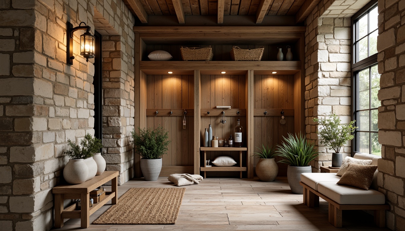 Prompt: Rustic mudroom, natural stone walls, earthy tone color palette, reclaimed wood accents, wooden planks, distressed finishes, vintage metal decor, woven baskets, woven textiles, natural fiber rugs, lantern-style lighting, warm ambient glow, cozy atmosphere, organic shapes, rough-hewn wood beams, exposed brick walls, industrial-chic metal fixtures, soft warm lighting, shallow depth of field, 3/4 composition, realistic textures, ambient occlusion.