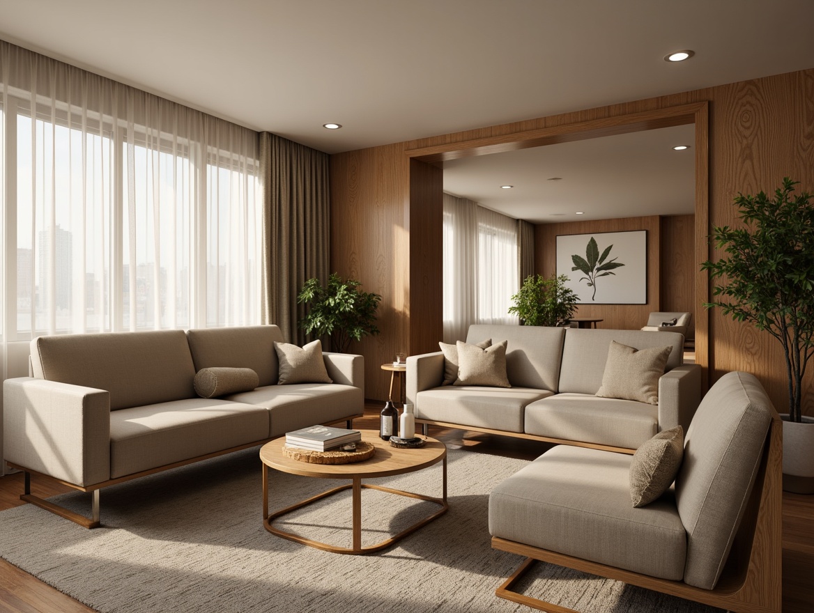 Prompt: Cozy living room, plush sofas, velvety armchairs, wooden coffee tables, modern minimalist decor, soft warm lighting, calming color palette, comfortable seating arrangements, functional storage units, sleek metal legs, ergonomic designs, breathable fabrics, natural textures, subtle patterns, warm beige tones, inviting atmosphere, 1/2 composition, shallow depth of field, realistic rendering.