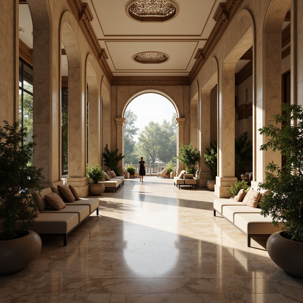 Prompt: Marble floors, ornate columns, grand archways, neoclassical facades, symmetrical compositions, soft warm lighting, subtle shading, elegant waiting areas, comfortable seating, lush greenery, natural stone accents, wooden paneling, classic furniture pieces, intricate moldings, subtle patterns, earthy color palette, serene atmosphere, shallow depth of field, 1/2 composition, realistic textures, ambient occlusion.