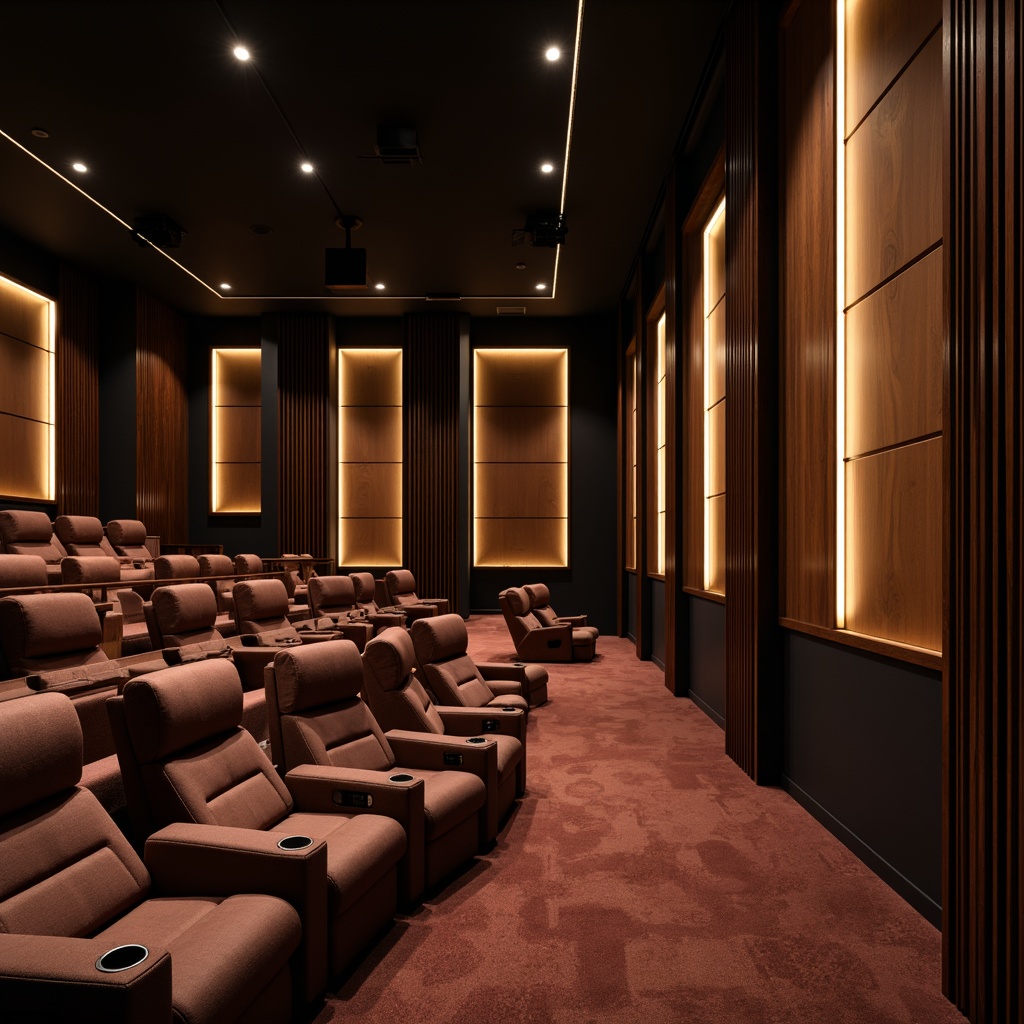 Prompt: Luxurious cinema interior, modern minimalist design, sound-absorbing acoustic panels, sleek wooden accents, plush velvet seats, dimmable LED lighting, ambient ceiling fixtures, rich brown leather upholstery, metallic chrome details, floor-to-ceiling curtains, state-of-the-art sound systems, immersive audio experience, cinematic atmosphere, shallow depth of field, 1/1 composition, softbox lighting, realistic textures, subtle color grading.