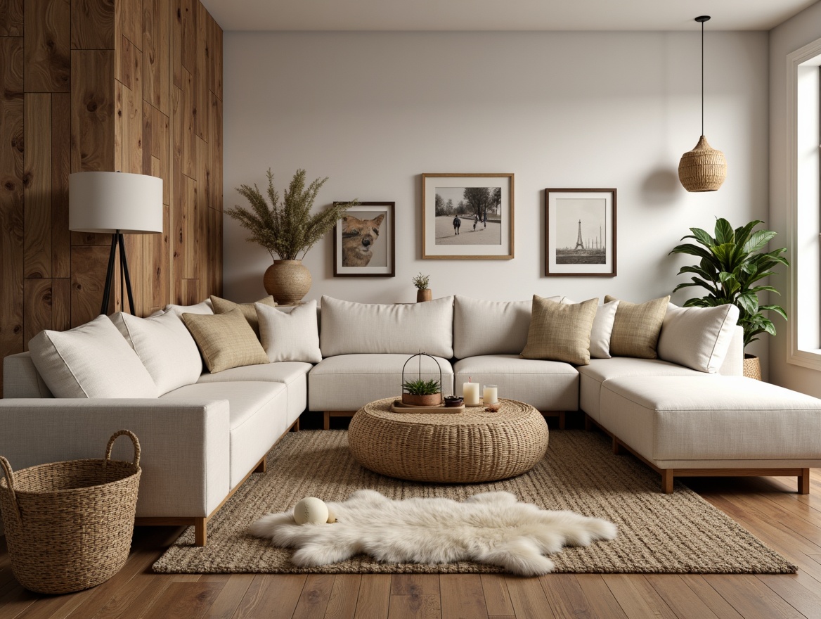 Prompt: Cozy living room, Nordic interior style, natural materials, reclaimed wood accents, wooden floorboards, woven textiles, jute rugs, sheepskin throws, minimalist decor, soft candlelight, warm beige colors, creamy whites, earthy tones, organic shapes, woven baskets, rattan furniture, linen upholstery, distressed wood finishes, ambient lighting, shallow depth of field, 1/1 composition, realistic textures, atmospheric rendering.