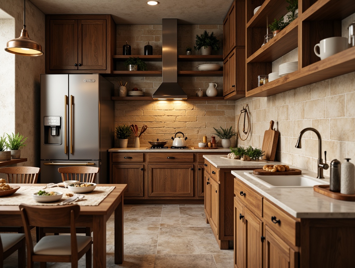 Prompt: Rustic kitchen, wooden cabinetry, earthy tones, natural stone backsplash, herringbone pattern, warm beige colors, ceramic tile accents, copper fixtures, vintage appliances, farmhouse sink, reclaimed wood shelving, pendant lighting, soft warm glow, 1/1 composition, shallow depth of field, realistic textures.