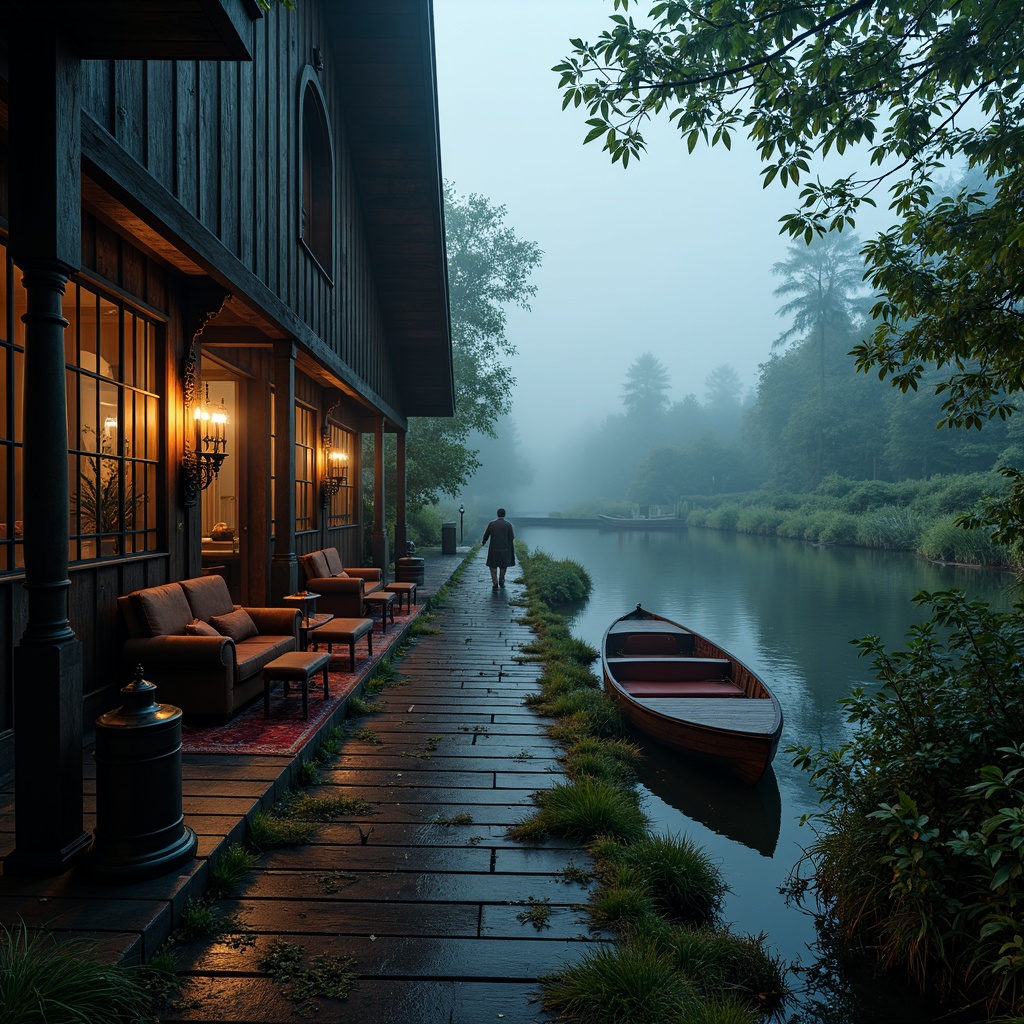 Prompt: Weathered wooden dock, moss-covered stones, eerie foggy atmosphere, mystical lake surroundings, rustic boathouse, worn wooden planks, distressed metal accents, mysterious lanterns, soft warm candlelight, rich velvet fabrics, luxurious leather textures, ornate antique furniture, heavy drapery, dark wood paneling, Gothic-inspired architecture, pointed arches, ribbed vaults, stained glass windows, misty morning light, cinematic mood lighting, low-key shadows, atmospheric fog effects, subtle water reflections, 1/2 composition, cinematic framing.