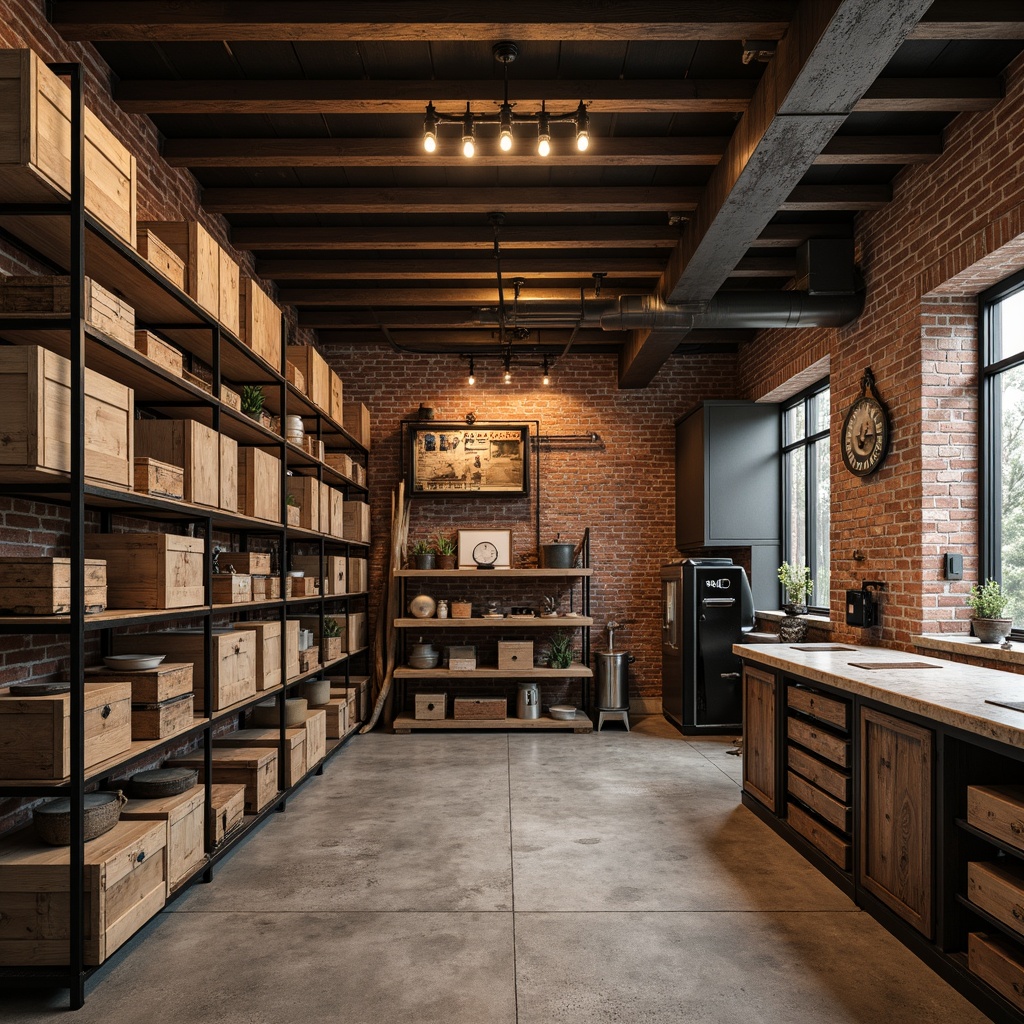 Prompt: Rustic storage room, distressed wood crates, metal shelving units, industrial-style lighting fixtures, concrete flooring, exposed brick walls, vintage factory equipment, metal ladders, reclaimed wood accents, urban loft atmosphere, natural stone countertops, steel beams, Edison bulb pendants, functional pipes, rough-textured concrete blocks, utilitarian decor, 3/4 composition, high-contrast lighting, shallow depth of field, realistic textures.