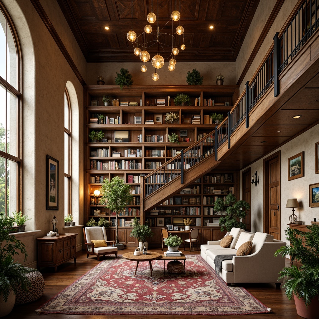 Prompt: Whimsical eclectic library, vintage bookshelves, distressed wood accents, ornate metal railings, plush velvet armchairs, richly patterned rugs, eclectic art pieces, suspended spherical lanterns, industrial metal pendants, Edison bulb chandeliers, warm golden lighting, dramatic high ceilings, grand staircase, cozy reading nooks, floor-to-ceiling bookcases, natural stone walls, warm beige tones, soft box lighting, 1/1 composition, intimate atmosphere, realistic textures, ambient occlusion.