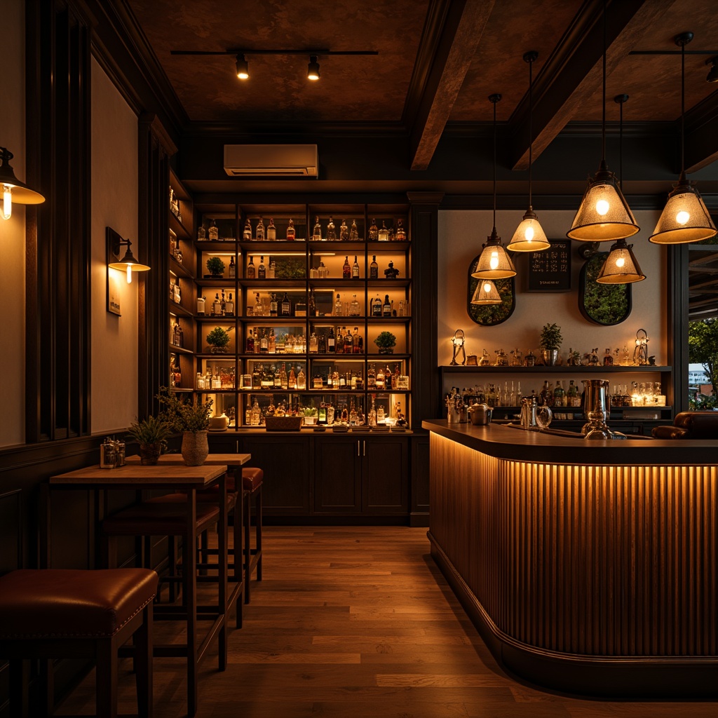 Prompt: Cozy home bar, warm ambient lighting, pendant lights, rustic metal shades, Edison bulbs, dimmable spotlights, LED strip lights, glass shelves, dark wood cabinetry, leather stools, rich textures, intimate atmosphere, golden hour lighting, soft shadows, 1/2 composition, natural color palette.