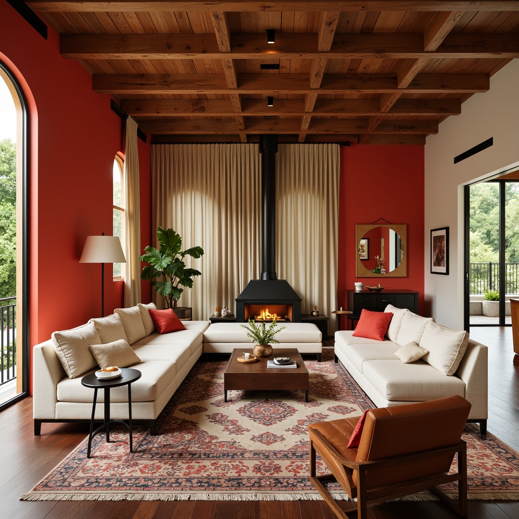 Prompt: Vibrant living room, rich wooden furniture, bold red accent walls, creamy white sofas, soft golden lighting, plush area rugs, natural stone fireplaces, modern minimalist decor, sleek metal frames, warm beige curtains, earthy brown leather armchairs, fresh greenery, airy open spaces, 1/1 composition, softbox lighting, realistic textures, ambient occlusion.