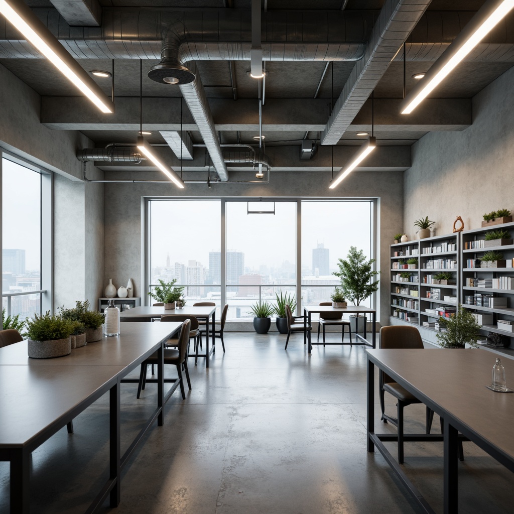 Prompt: Minimalist laboratory interior, simple lines, monochromatic color scheme, industrial-style lighting fixtures, exposed ductwork, polished concrete floors, sleek metal tables, modular shelving units, subtle task lighting, soft diffused overhead lighting, LED strip lights, under-cabinet lighting, pendant lamps, recessed ceiling lights, natural daylight, north-facing windows, sheer curtains, minimalist decorative accents, modern furniture pieces, clean lines, simple shapes, functional layout, optimized workflow, calming atmosphere, soft warm glow, shallow depth of field, 1/1 composition.