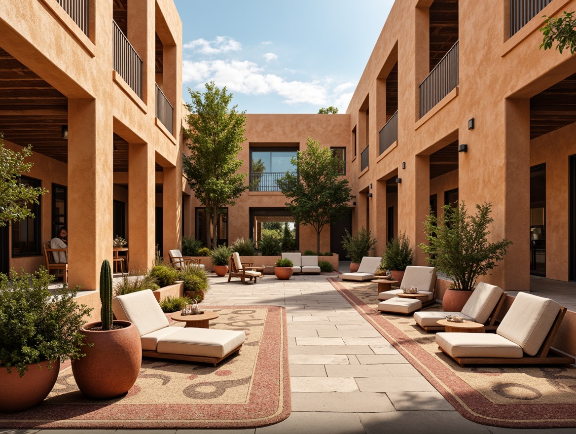 Prompt: Southwestern-inspired campus building, warm adobe walls, rustic wooden accents, vibrant turquoise decorations, comfortable lounge seating, plush desert-themed rugs, natural stone flooring, earthy terracotta pots, lush greenery, cacti plants, warm sunny day, soft warm lighting, shallow depth of field, 3/4 composition, panoramic view, realistic textures, ambient occlusion.