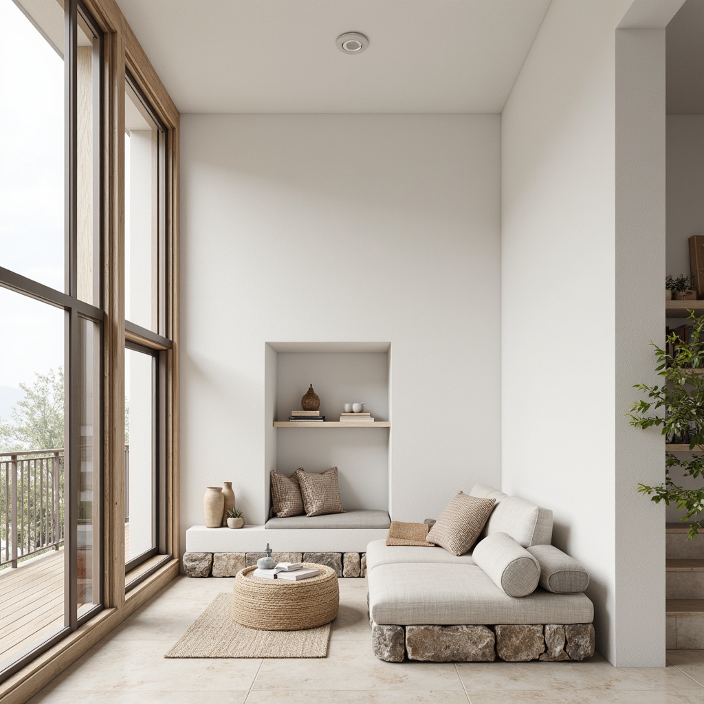 Prompt: Whitewashed walls, light wood accents, minimalist decor, Nordic-inspired patterns, woven textiles, natural fibers, earthy tones, creamy whites, soft grays, subtle wooden textures, rough stone foundations, cozy reading nooks, large windows, soft diffused lighting, shallow depth of field, 1/1 composition, realistic renderings, ambient occlusion.