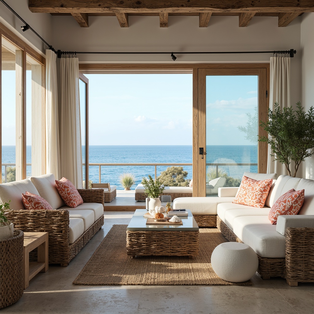 Prompt: Coastal home, ocean views, driftwood furniture, weathered wooden accents, nautical rope details, sea-inspired color palette, calming blues and whites, natural textiles, wicker chairs, jute rugs, coral patterned pillows, shells decorative accessories, glass coffee tables, minimalist decor, beachy vibe, soft warm lighting, 1/2 composition, shallow depth of field, realistic textures.