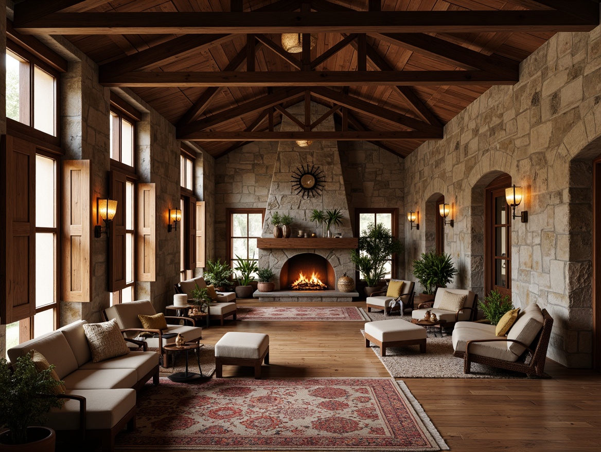 Prompt: Rustic hotel facade, wooden shutters, stone walls, earthy tones, natural materials, tapered columns, decorative trusses, exposed beams, wooden accents, ornate metalwork, handcrafted furnishings, plush textiles, warm ambient lighting, cozy fireplaces, intimate seating areas, nature-inspired patterns, vintage accessories, rich wood tones, distressed finishes, organic forms, 1/2 composition, soft focus, atmospheric perspective.