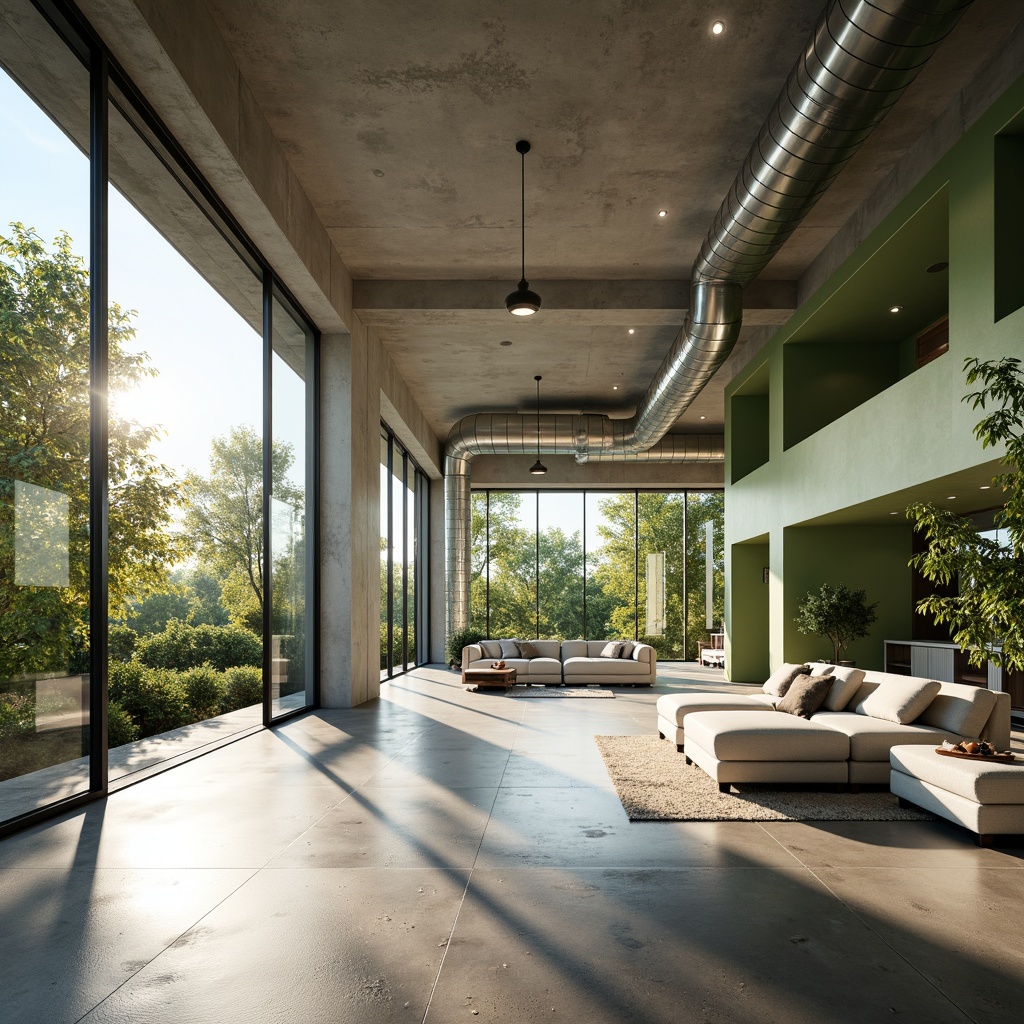 Prompt: Minimalist interior, airy atmosphere, abundant natural light, floor-to-ceiling windows, sliding glass doors, spacious open-plan living areas, sleek modern furniture, polished concrete floors, industrial-style metal beams, exposed ductwork, green walls, lush indoor plants, warm neutral color palette, soft diffused lighting, shallow depth of field, 1/1 composition, panoramic view, realistic textures, ambient occlusion.