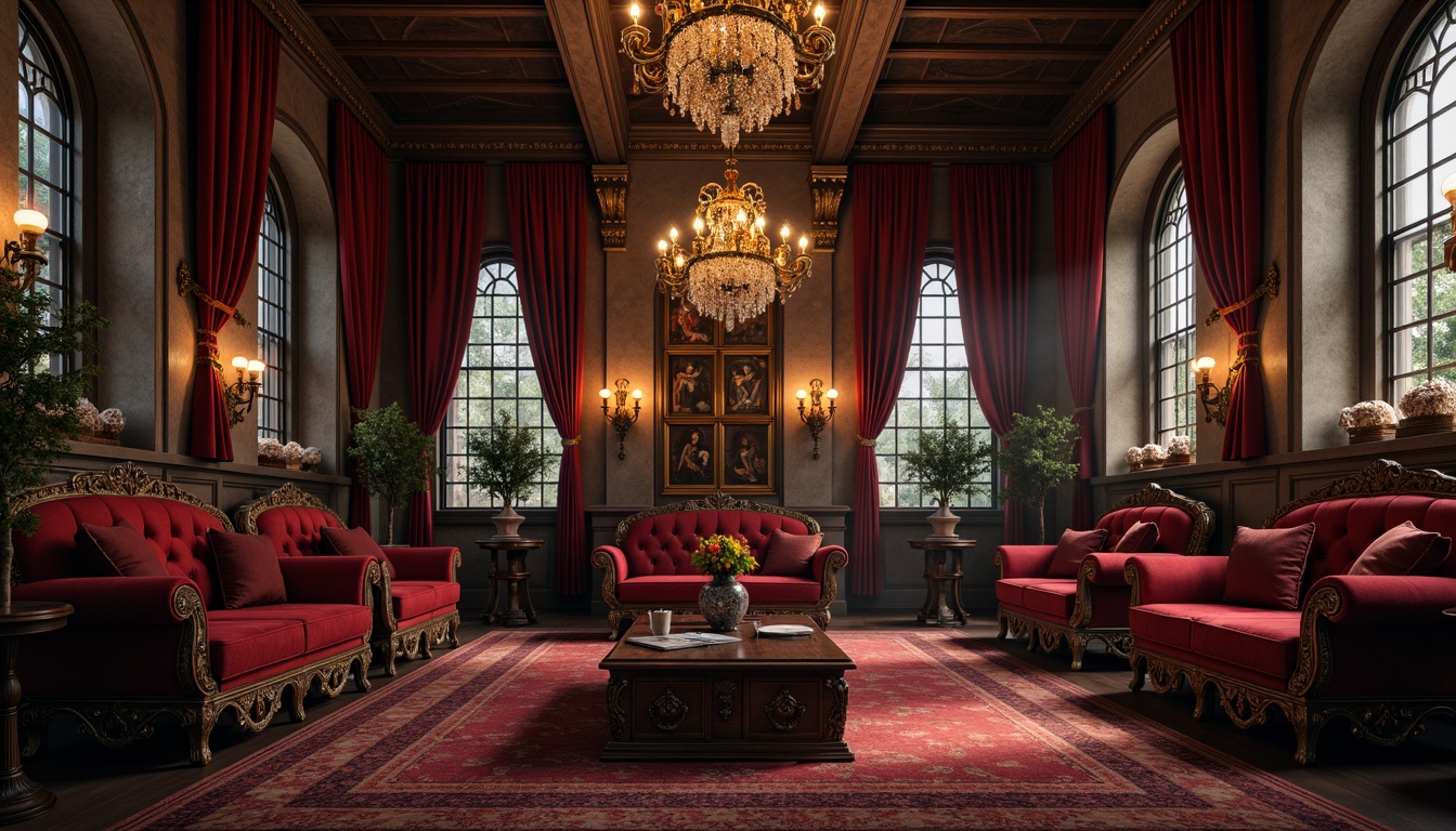 Prompt: Richly ornate furniture, dark wood tones, intricate carvings, velvet upholstery, tufted sofas, majestic thrones, grandiose chandeliers, mysterious candlelight, medieval-inspired accessories, ornamental metalwork, heavy drapery, crimson red accents, mystical ambiance, eerie shadows, dramatic archways, vaulted ceilings, stone walls, luxurious fabrics, regal atmosphere, antique pieces, mysterious artifacts, dimly lit spaces, macabre decorations.