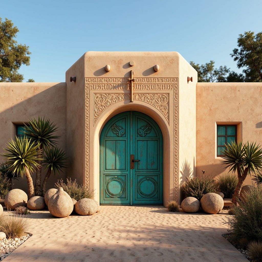 Prompt: Vibrant turquoise accents, adobe-style architecture, intricately carved wooden doors, ornate metalwork, sacred geometric patterns, mystical mandalas, spiritual Native American symbols, desert botanicals, cacti, sandy dunes, clear blue skies, warm golden lighting, soft natural textures, earthy color palette, rustic stone walls, curved lines, organic forms, peaceful ambiance, serene atmosphere, minimal ornamentation, functional simplicity, reverent silence, contemplative spaces, sacred relics, mystical artifacts, symbolic murals, devotional statues.