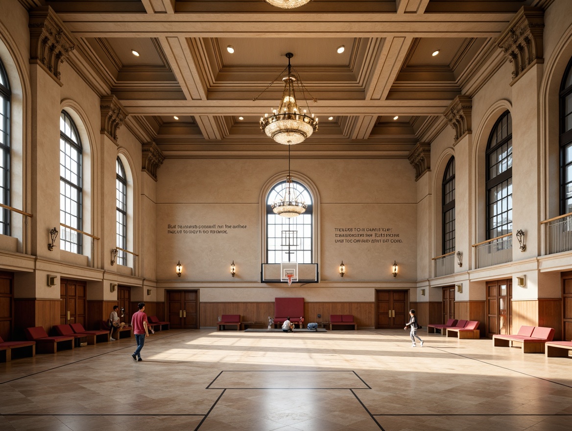 Prompt: Elegant neoclassical gymnasium, high ceilings, ornate moldings, marble floors, grand chandeliers, crystal sconces, bronze lamp posts, frosted glass shades, warm soft lighting, subtle color temperatures, indirect illumination, vertical illuminance, symmetrical compositions, refined details, luxurious fabrics, rich wood tones, athletic equipment, basketball hoops, sports flooring, motivational quotes, inspirational murals, natural stone walls, large windows, diffused daylight, ambient shadows, 1/2 composition, realistic textures.