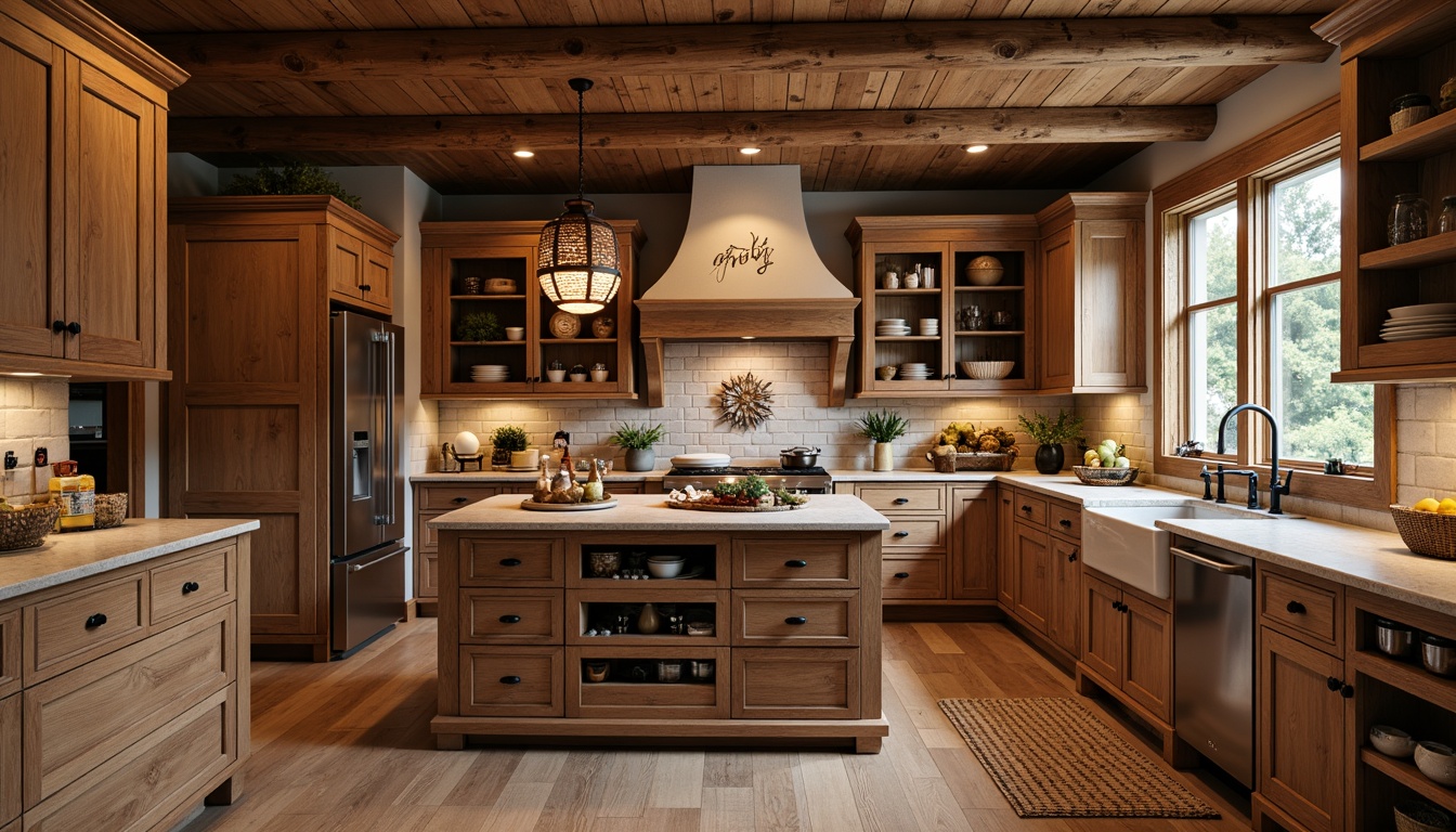 Prompt: Cozy cabin-style kitchen, warm wooden tones, rustic craftsman design, earthy color palette, natural stone countertops, distressed wood cabinets, ornate metal hardware, vintage-inspired lighting fixtures, farmhouse sink, apron-front sink base, soft-close drawers, decorative range hood, built-in wine rack, brick backsplash, reclaimed wood shelving, woven basket pendant lights, warm ambient lighting, 3/4 composition, shallow depth of field, realistic textures.