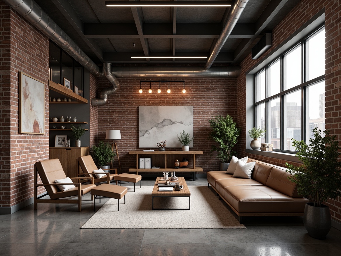 Prompt: Exposed brick walls, industrial metal beams, polished concrete floors, minimalist wooden chairs, sleek metal coffee tables, urban loft atmosphere, reclaimed wood accents, industrial-style lighting fixtures, Edison bulbs, functional decor, monochromatic color scheme, natural textiles, sparse greenery, abstract artwork, industrial-chic accessories, distressed leather sofas, steel-framed windows, cityscape views, high ceilings, dramatic shadows, low-key lighting, 1/1 composition, realistic materials, ambient occlusion.