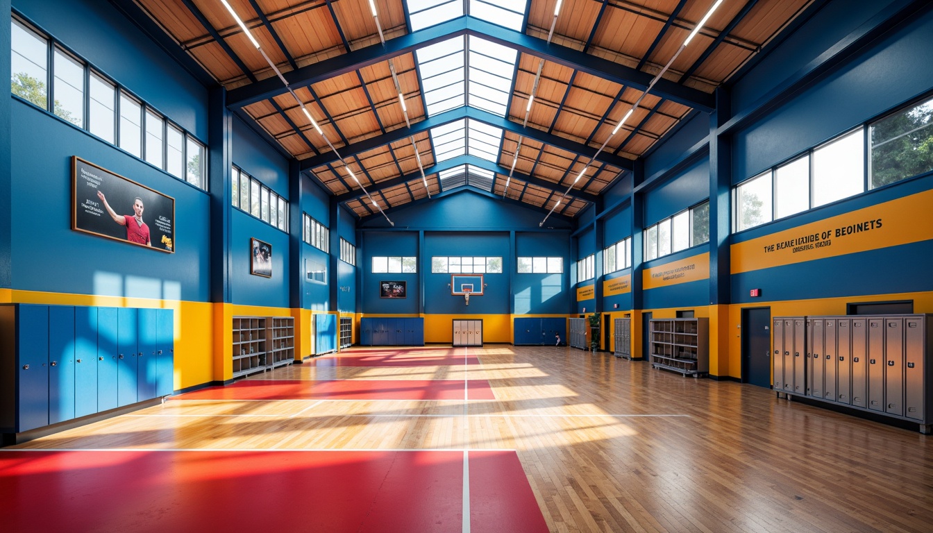 Prompt: Vibrant gymnasium interior, bold athletic colors, bright blue walls, energetic yellow accents, dynamic red flooring, sleek modern equipment, minimalist steel beams, polished wooden floors, natural light pouring through skylights, motivational quotes on walls, inspirational athlete portraits, industrial metal lockers, spacious open areas, high ceilings, panoramic views, realistic textures, ambient occlusion, shallow depth of field, 3/4 composition.