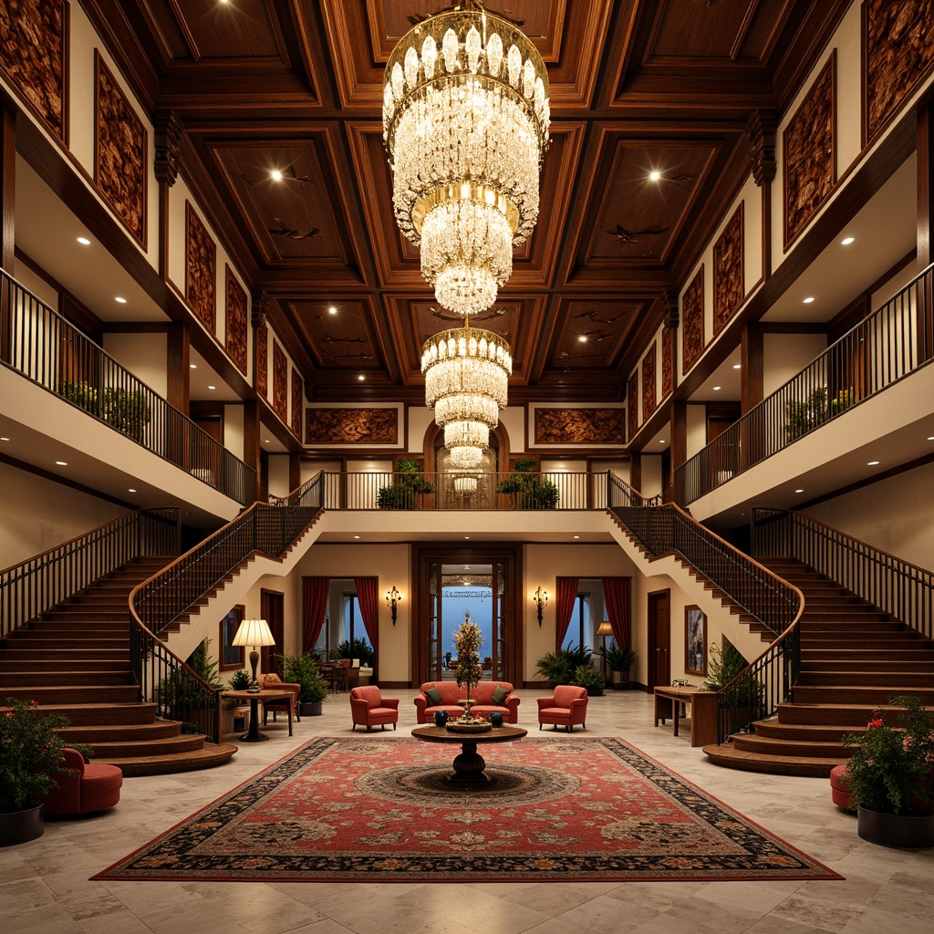 Prompt: Luxurious interior, opulent chandeliers, intricately carved wooden panels, grand staircases, ornate metal railings, lavish furnishings, velvet drapes, crystal accessories, marble floors, gilded frames, richly patterned rugs, stately columns, warm golden lighting, shallow depth of field, 1/1 composition, realistic textures, ambient occlusion.