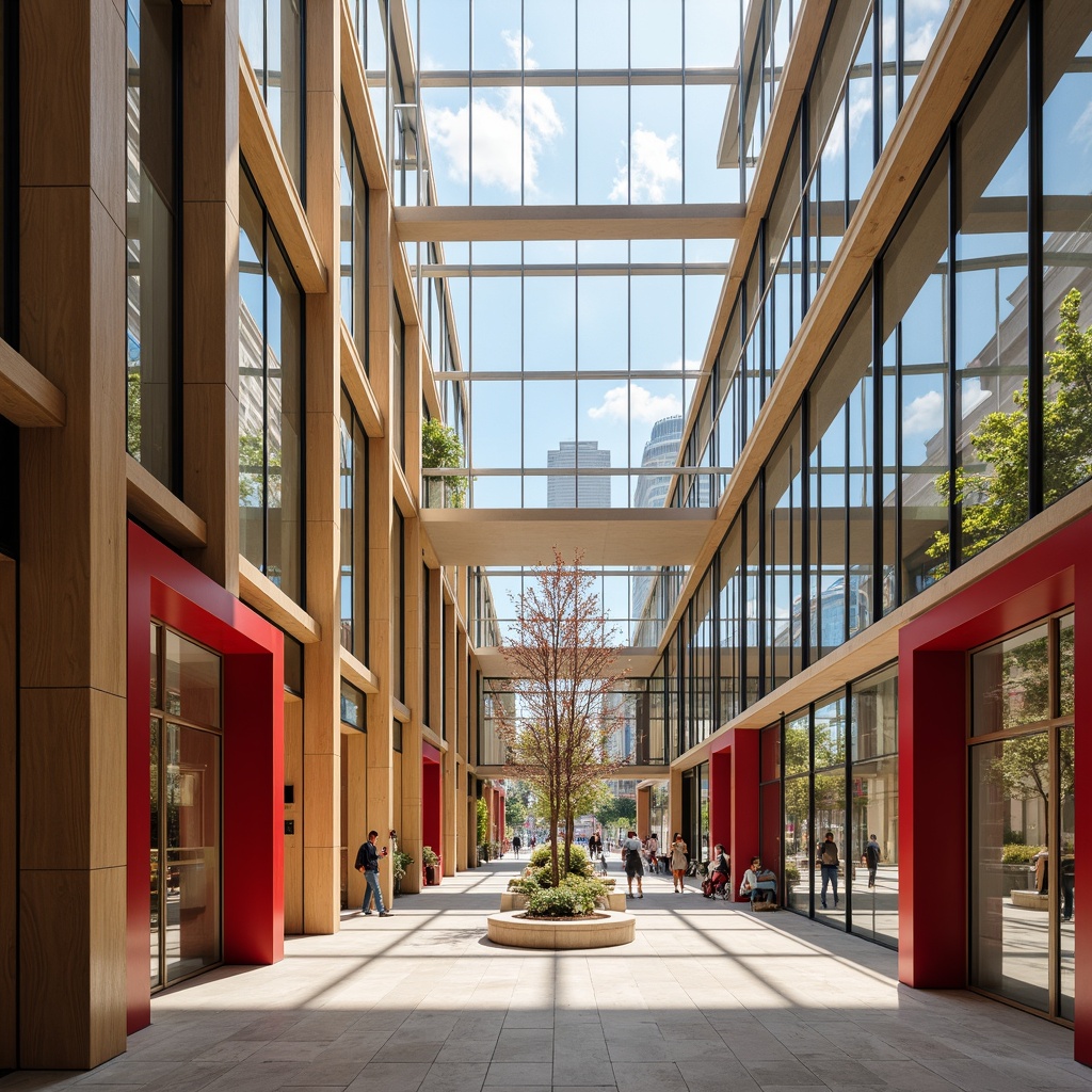 Prompt: Vibrant commercial building, modern architectural design, sleek glass facades, steel frames, neutral beige walls, accentuated bold red doors, rich wood tones, sophisticated marble lobbies, natural light-filled atriums, urban cityscape backgrounds, busy street views, warm sunny days, soft diffused lighting, high contrast ratios, 2/3 composition, realistic reflections, ambient occlusion.